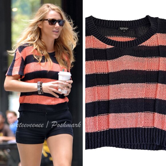 Topshop Knitted Striped Top in Black / Peach ASO Blake Lively Gossip Girl Set - Picture 2 of 8